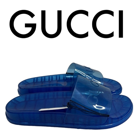 GUCCI NWT MEN’S BLUE SLIDES SANDALS SIZE 11 MADE IN ITALY LUXURY - Picture 1 of 10